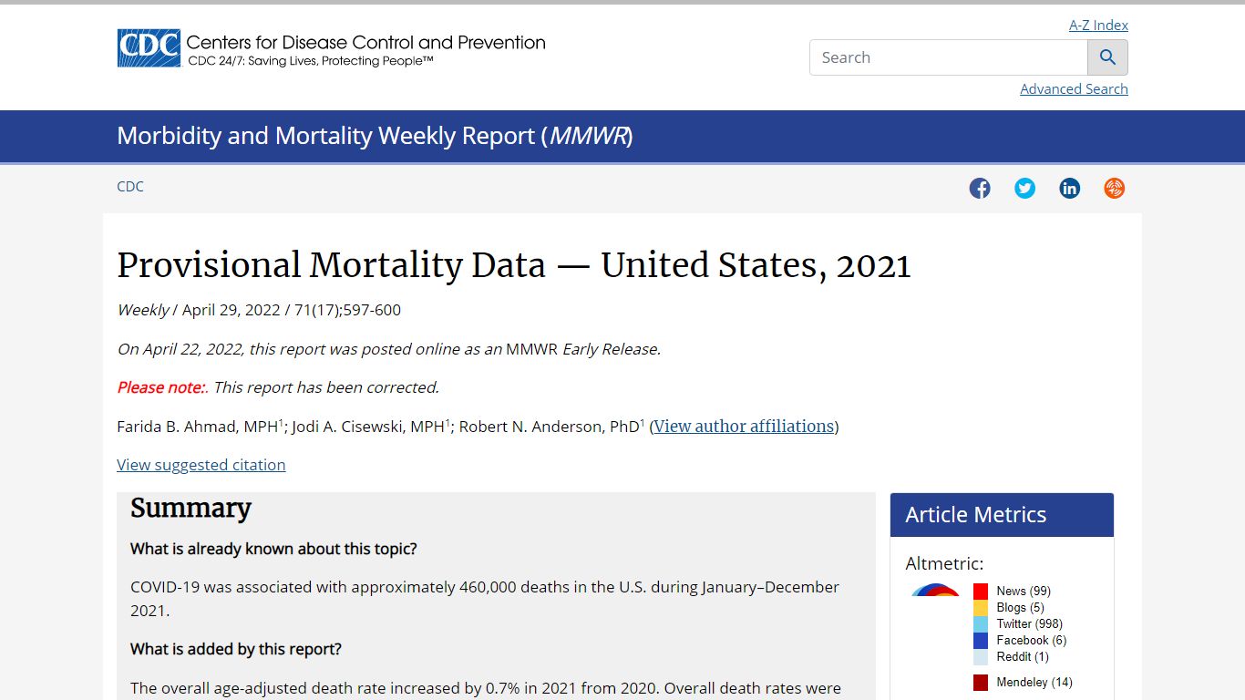 Provisional Mortality Data — United States, 2021 | MMWR