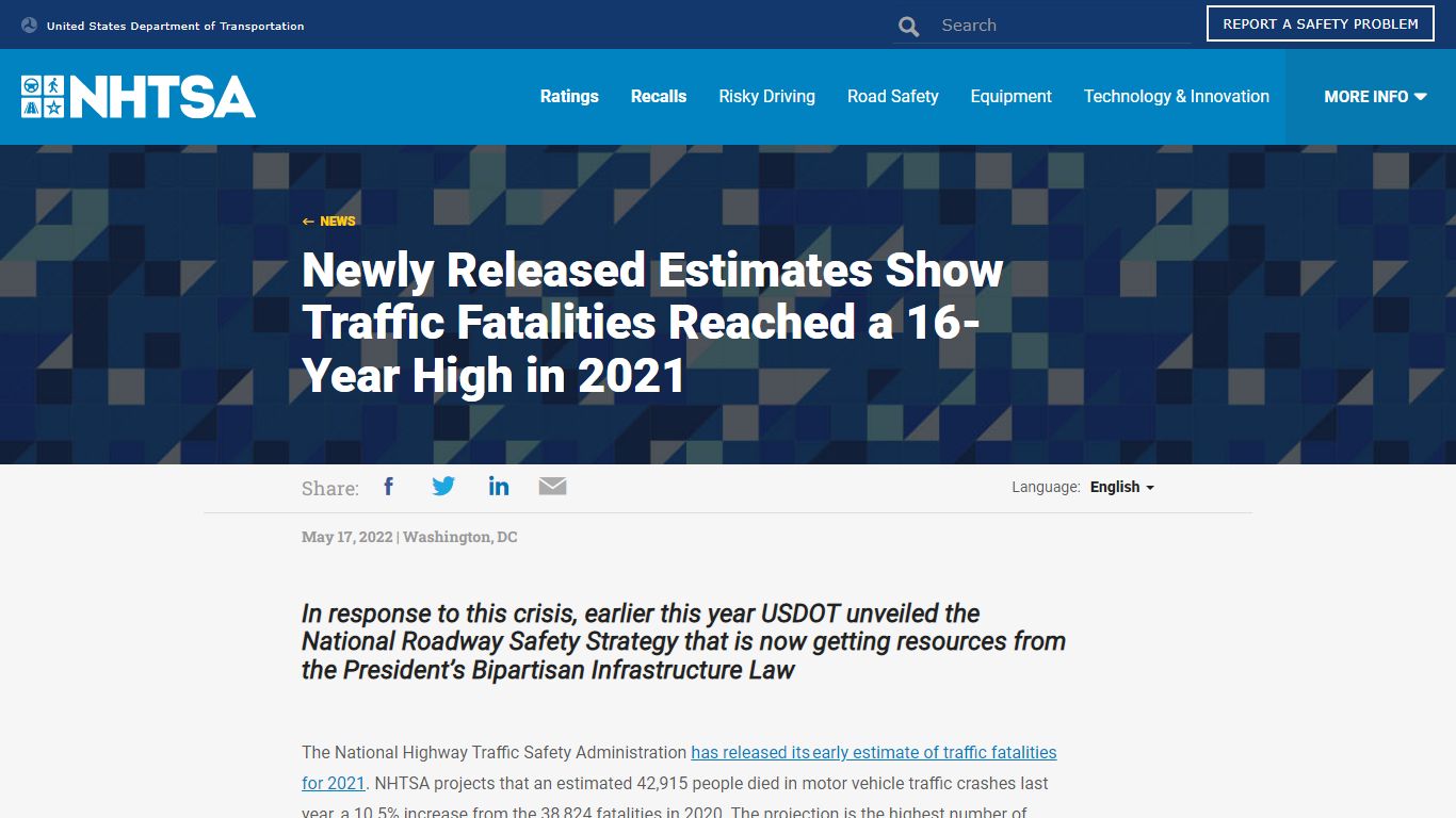 NHTSA’s 2021 Estimate of Traffic Deaths Shows 16-Year High